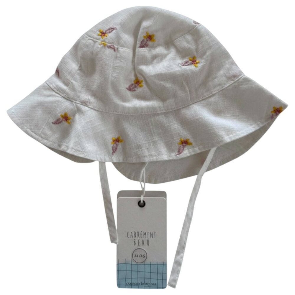 CARREMENT BEAU - SUN HAT - COTTON -  WHITE/PINK WITH EMBROIDERIES - NWT
